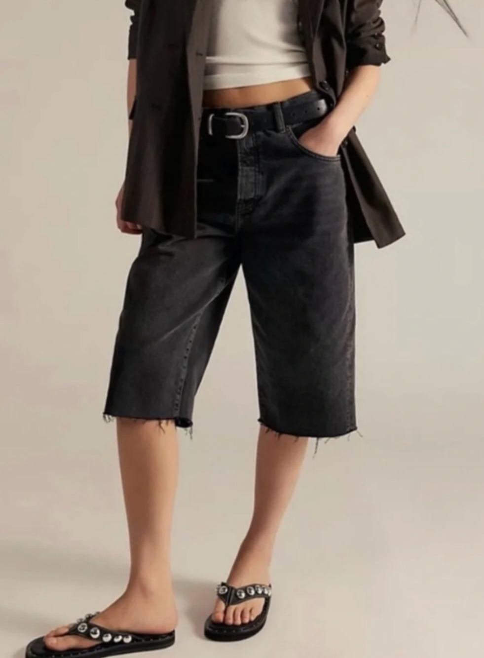 Free People Jam Session Relaxed Capri Denim Shorts Womens 26 Washed Black Jean